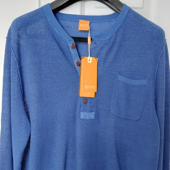 AUTHENTIC HUGO BOSS ORANGE LONG SLEEVE COLARLESS SHIRT. SIZE XL. BLUE - Picture 1 of 6